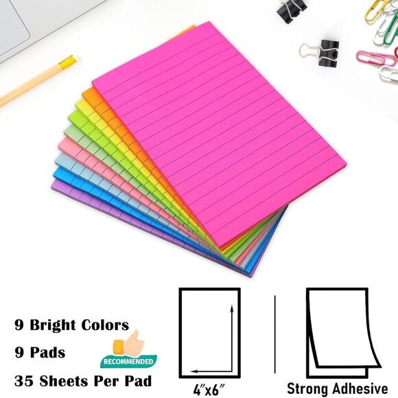 9 Pack Lined Sticky Notes 4x6 in Post Sticky Notes with Lines, 9 Bright Colors L - Picture 2 of 6